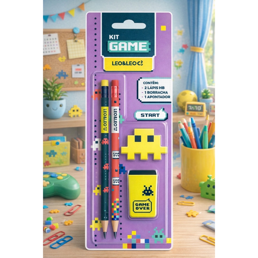 Kit Escolar Leo&Leo Game com 2 Lápis HB Borracha e Apontador Tema Gamer
