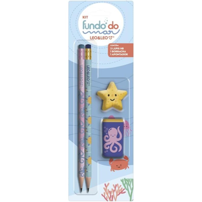 Kit Escolar Fundo do Mar Leo&Leo — 2 Lápis HB + Borracha Estrela + Apontador | Infantil Fofo Material Escolar