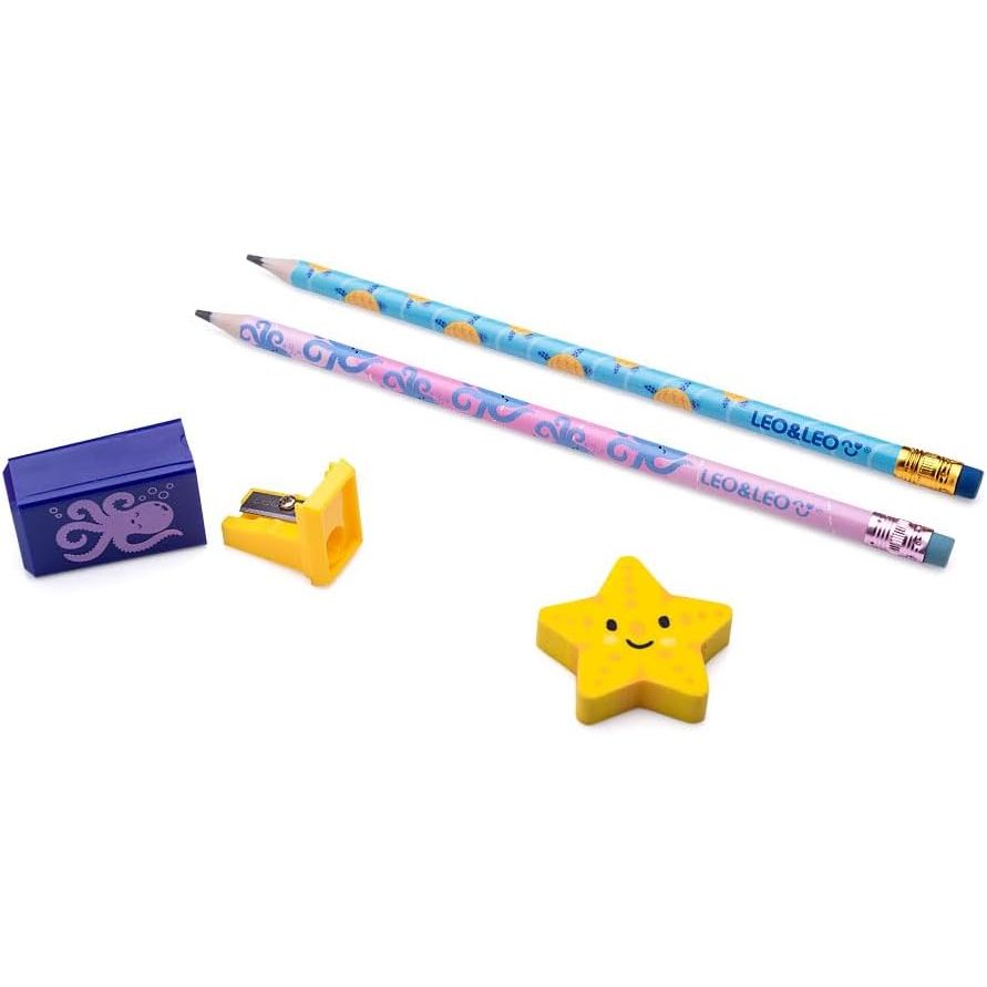 Kit Escolar Leo&Leo Fundo do Mar com 2 Lápis HB Borracha e Apontador Infantil