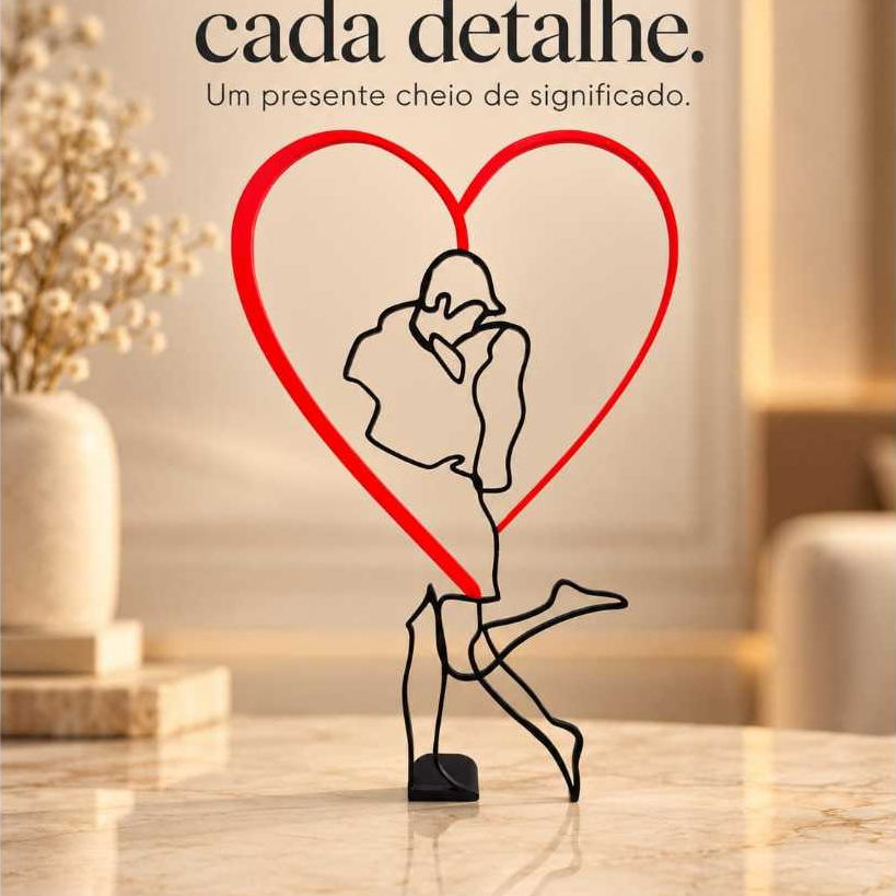 Escultura Casal Apaixonado com Coração Decorativa 3D Presente Romântico