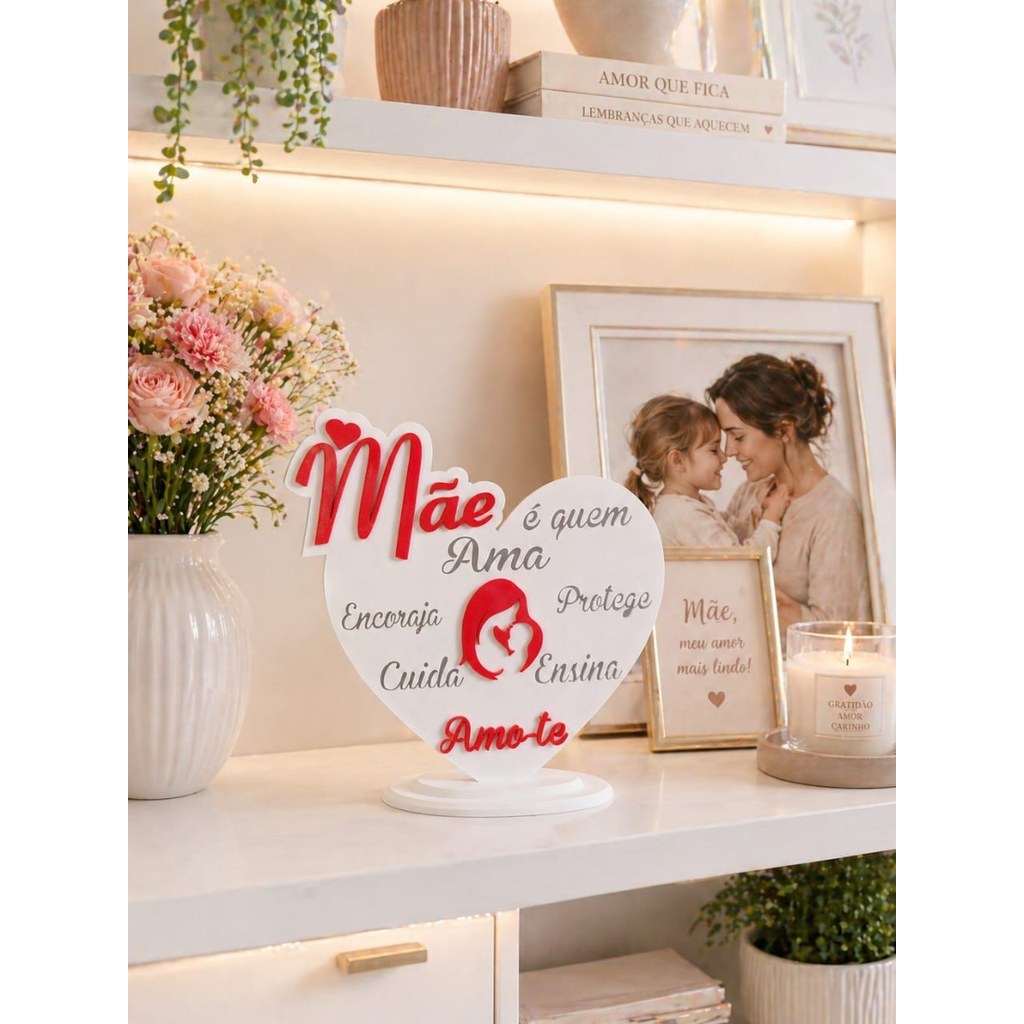 Escultura Decorativa Coração Mãe Amor Carinho Presente Dia das Mães Estatueta 3D Mesa
