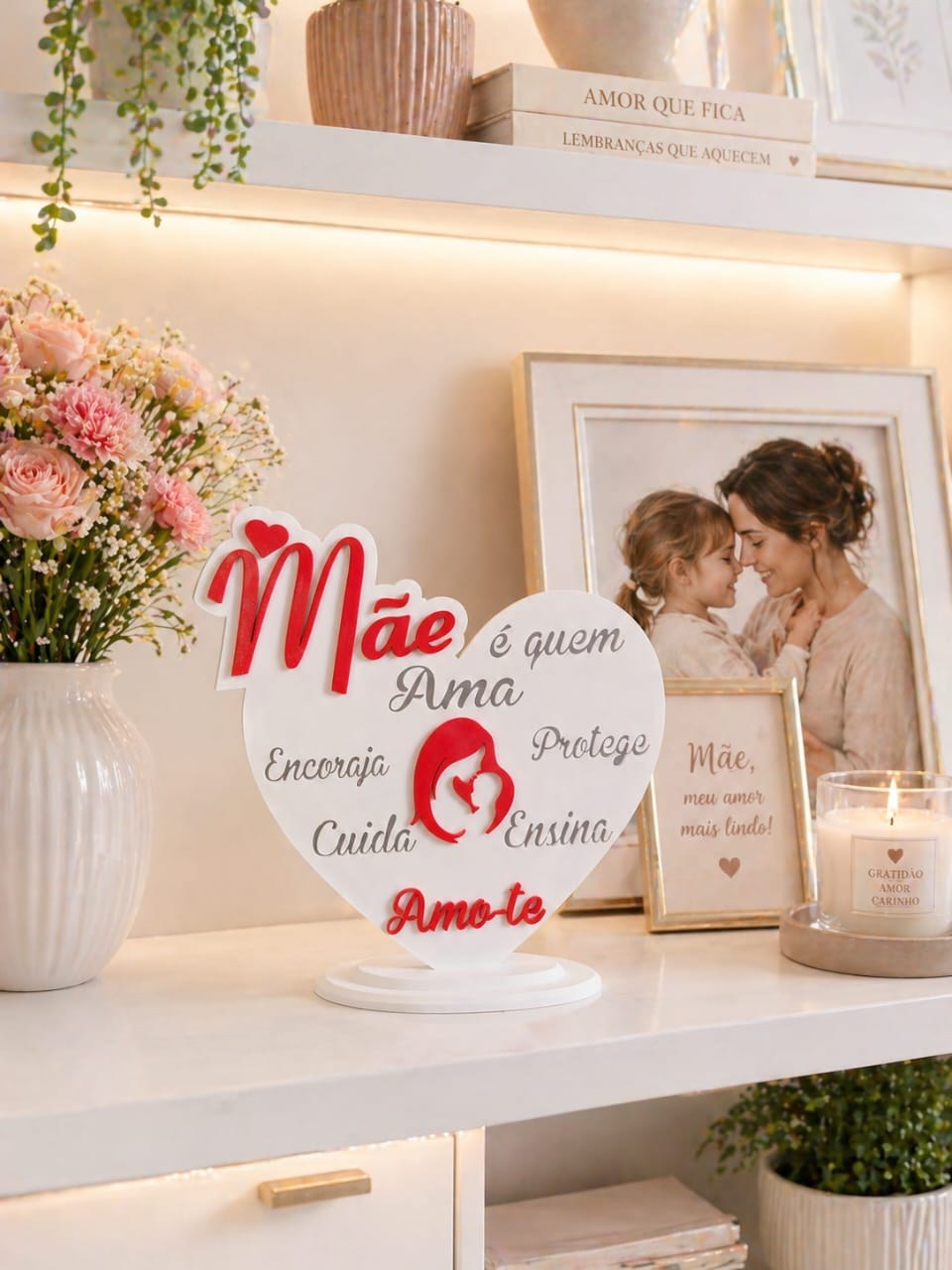 Escultura Decorativa Coração Mãe Amor Carinho Presente Dia das Mães Estatueta 3D Mesa