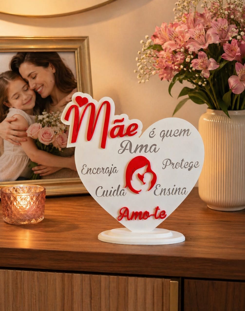 Escultura Decorativa Coração Mãe Amor Carinho Presente Dia das Mães Estatueta 3D Mesa