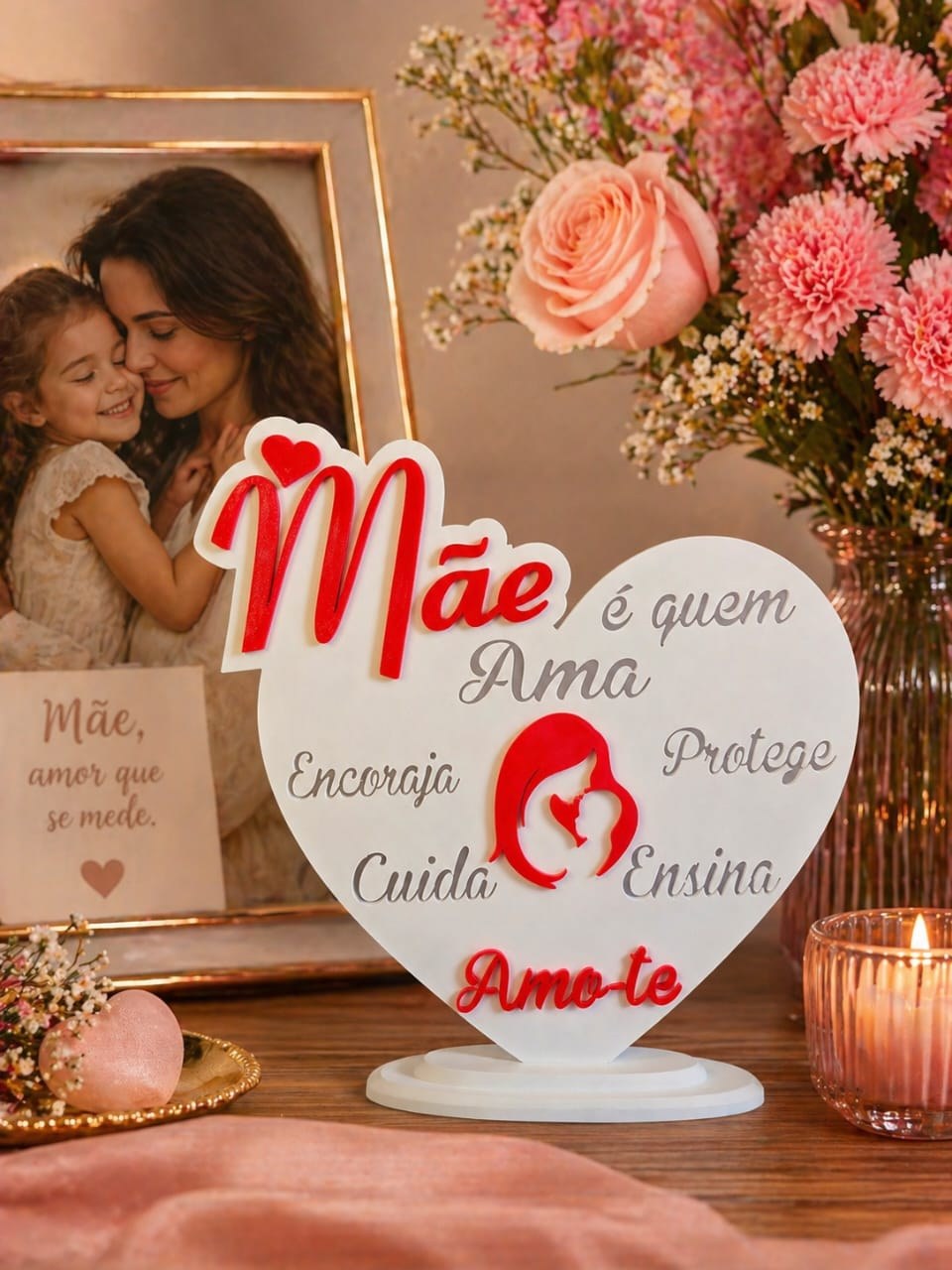 Escultura Decorativa Coração Mãe Amor Carinho Presente Dia das Mães Estatueta 3D Mesa