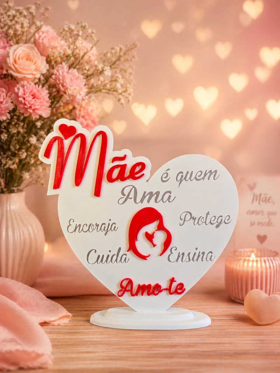 Escultura Decorativa Coração Mãe Amor Carinho Presente Dia das Mães Estatueta 3D Mesa