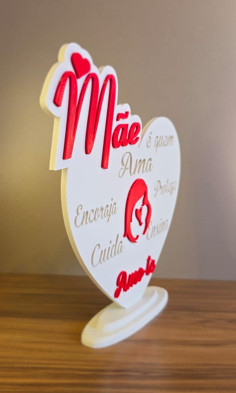 Escultura Decorativa Coração Mãe Amor Carinho Presente Dia das Mães Estatueta 3D Mesa