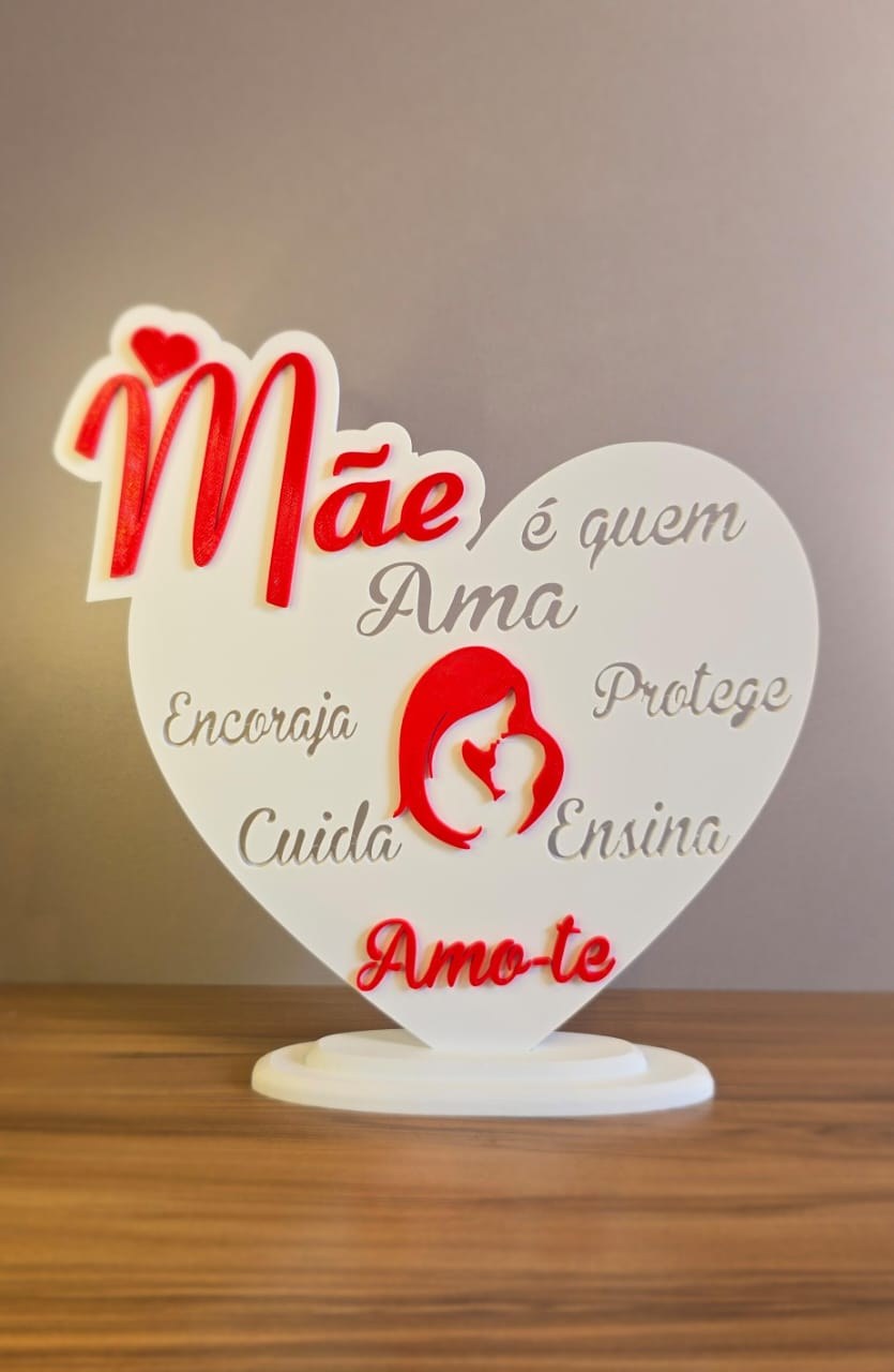 Escultura Decorativa Coração Mãe Amor Carinho Presente Dia das Mães Estatueta 3D Mesa