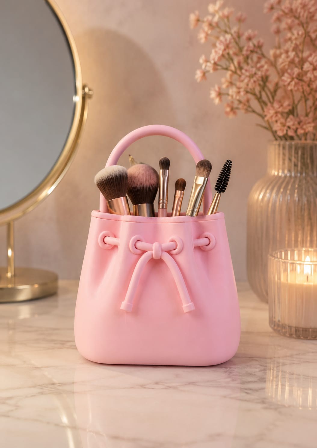 Bolsa Decorativa Rosa Laço Organizador Pincéis Maquiagem Estilo Moderno Impressão 3D