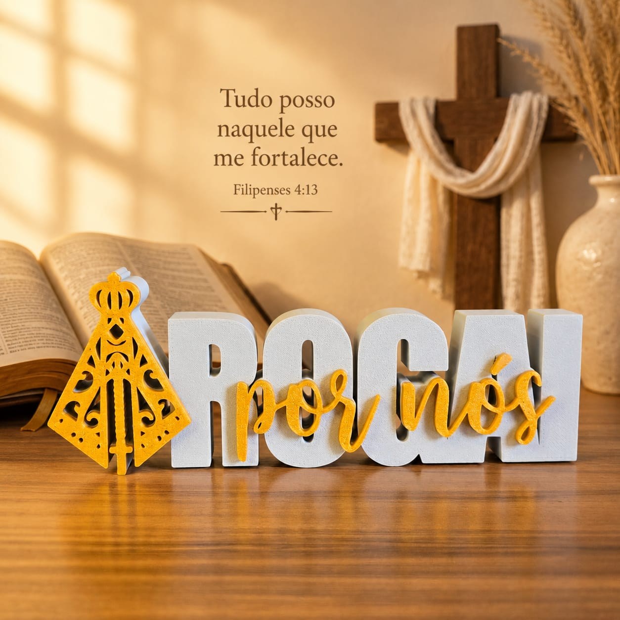Escultura Decorativa Rorai por Nós Nossa Senhora Aparecida Fé Religiosa 3D para Mesa