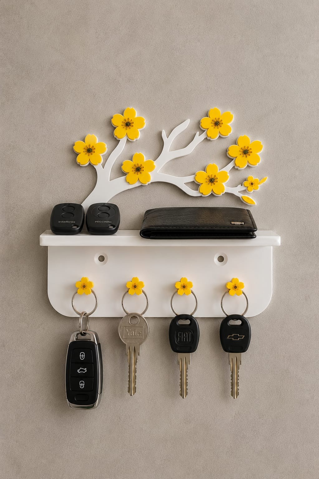 Porta Chaves de Parede com Prateleira e Galho de Flores Decorativo Moderno e Elegante