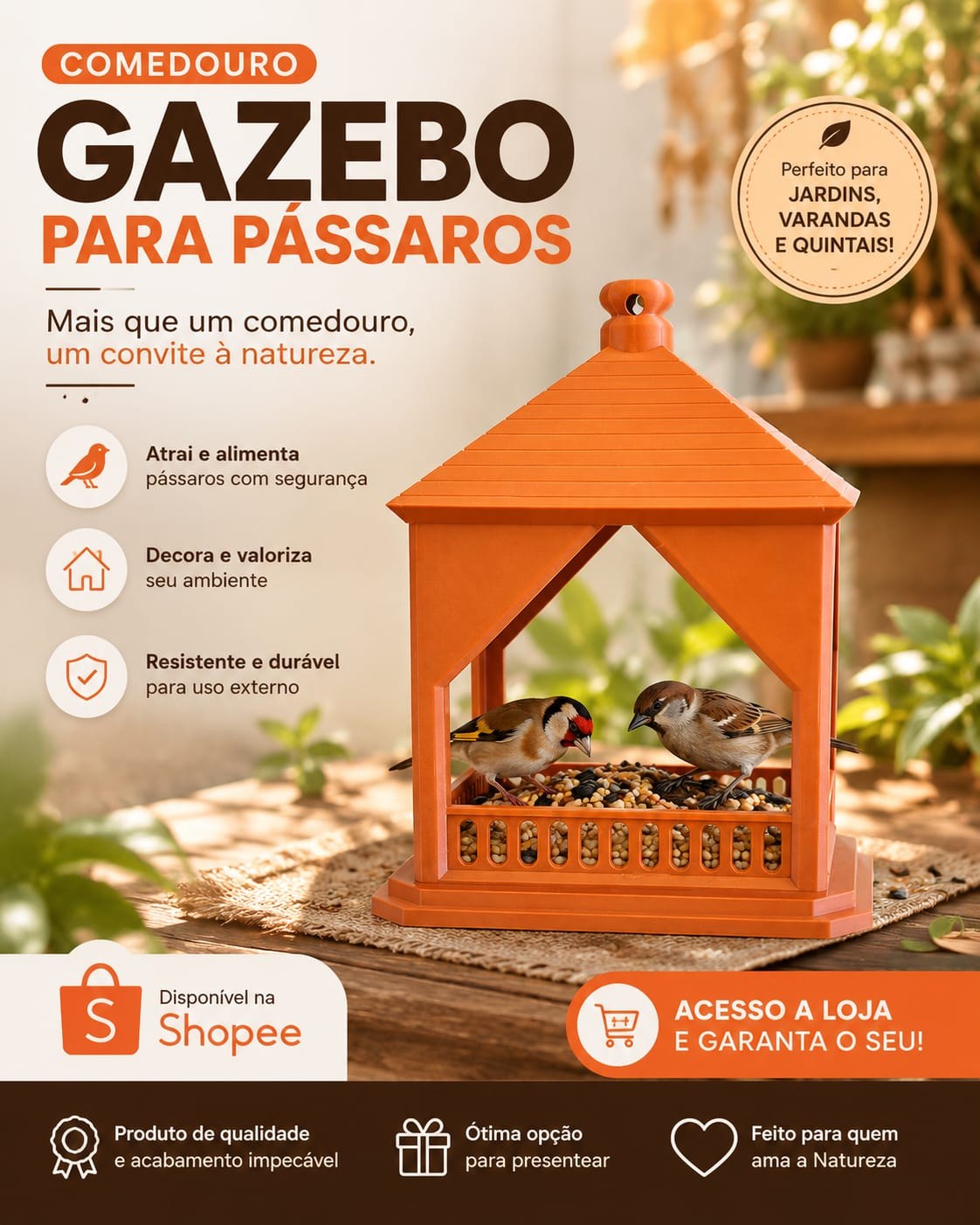 Comedouro Gazebo para Pássaros Decorativo Jardim Varanda Quintal Design Moderno 3D
