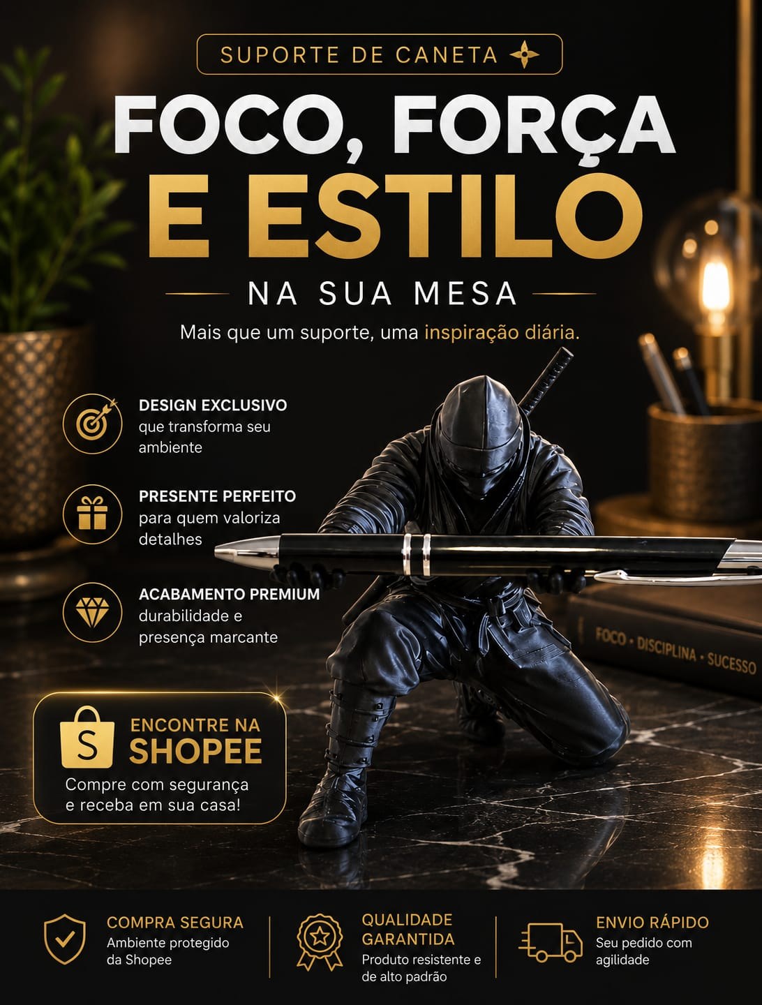 Suporte de Caneta Ninja Samurai Estatueta Decorativa Mesa Escritório Design Exclusivo