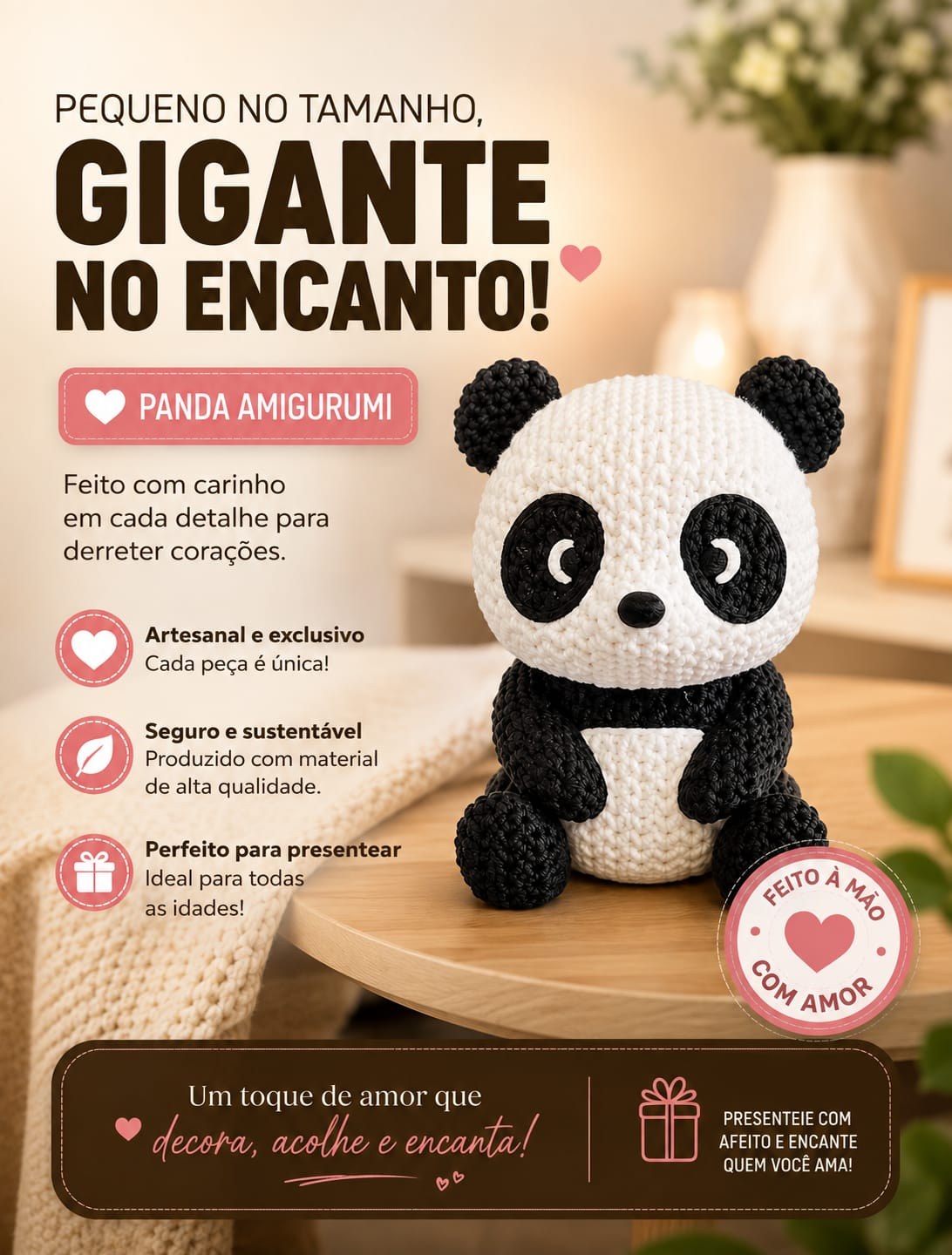 Panda Amigurumi Artesanal Decorativo Fofo, Feito em 3D Presente Criativo para Crianças