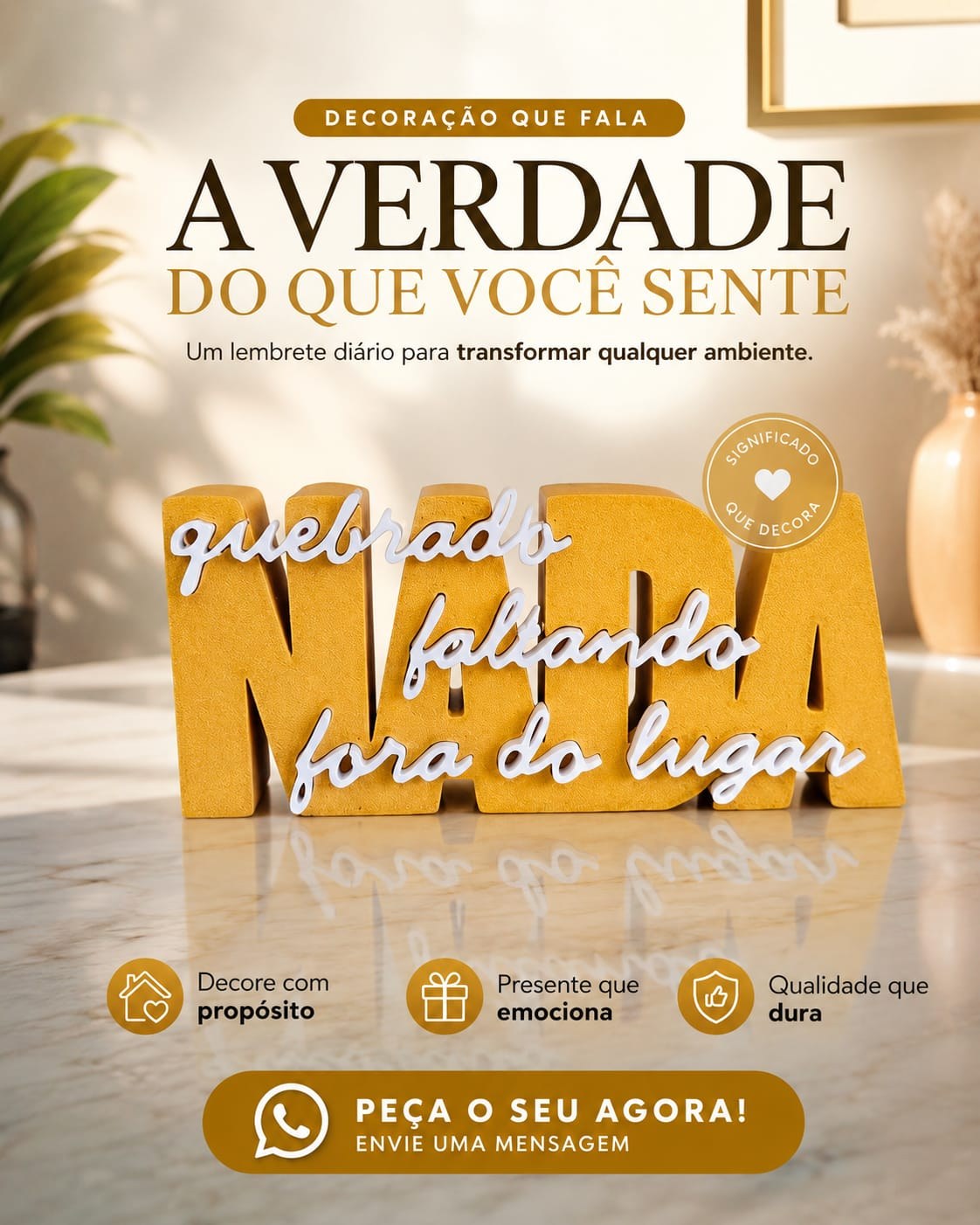 Escultura Decorativa Nada Quebrado Faltando Fora do Lugar Frase 3D para Mesa e Estante