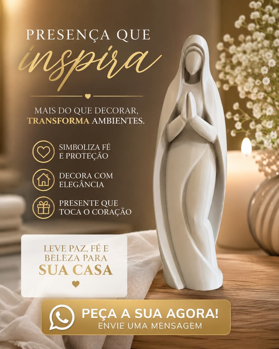 Escultura Nossa Senhora Decorativa Moderna Design Minimalista Estatueta Fé e Proteção