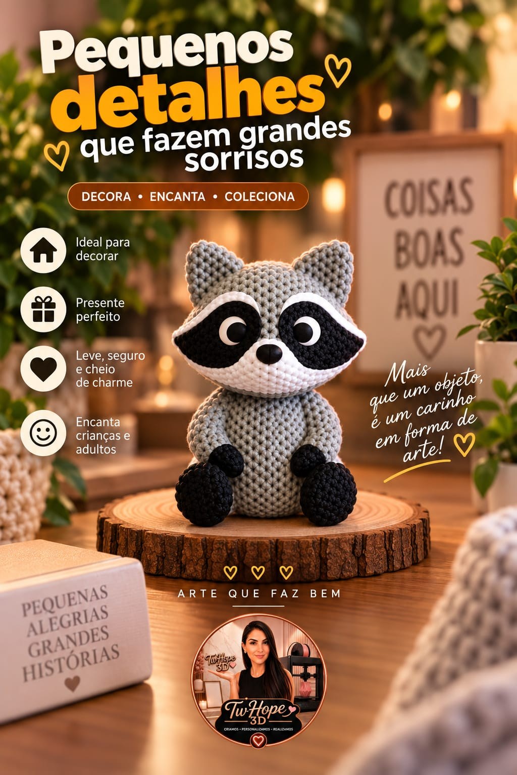 Mini Escultura de Guaxinim Fofo Textura Tricot Decoração Infantil em Impressão 3D