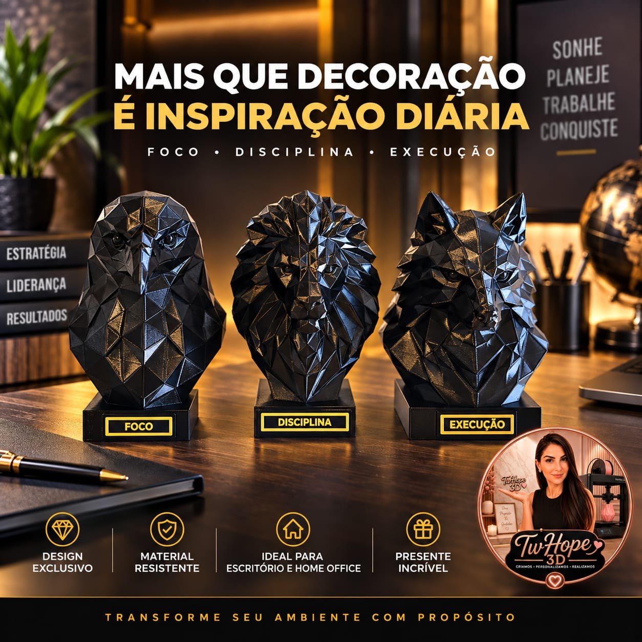 Kit 3 Esculturas de Animais Geométricos Foco Disciplina e Execução em Impressão 3D