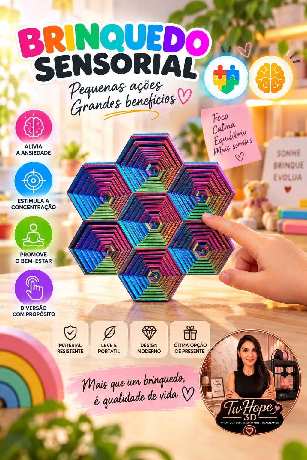 Brinquedo Sensorial Hexagonal Articulado Design Geométrico em Impressão 3D para Foco