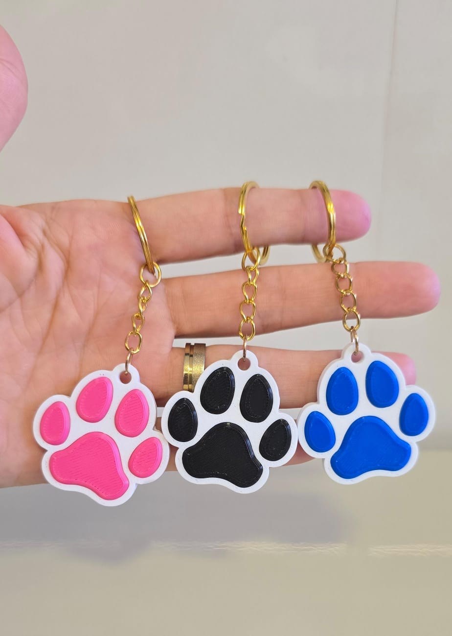 Chaveiro Patinha Pet em Impressão 3D Colorido com Argola Dourada para Chaves e Bolsas