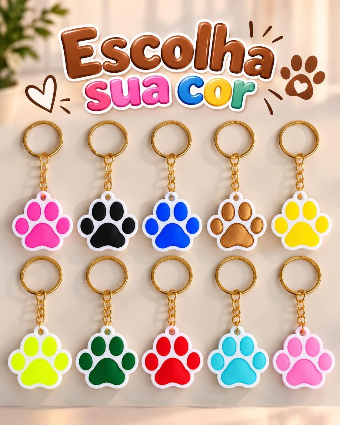 Chaveiro Patinha Pet em Impressão 3D Colorido com Argola Dourada para Chaves e Bolsas