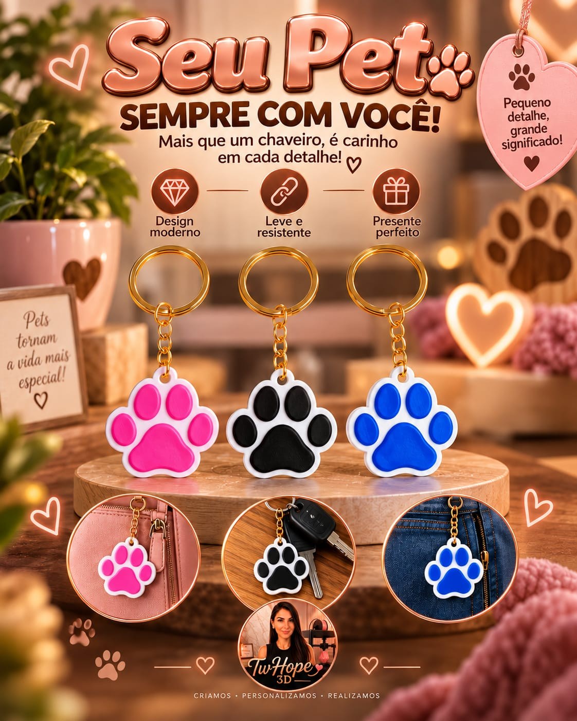 Chaveiro Patinha Pet em Impressão 3D Colorido com Argola Dourada para Chaves e Bolsas