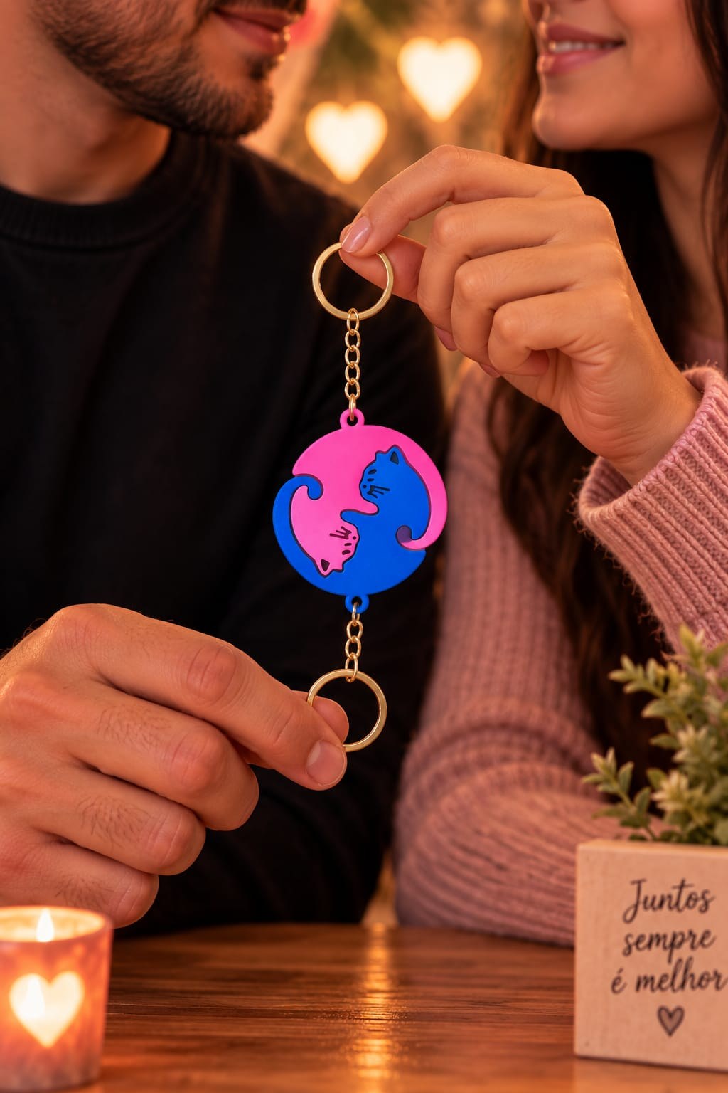 Chaveiro Duplo Gatos Yin Yang em Impressão 3D Design Criativo para Casais e Amigos