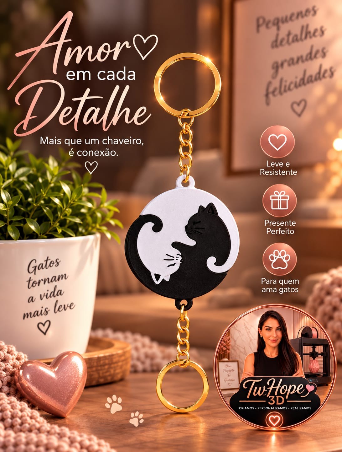 Chaveiro Duplo Gatos Yin Yang em Impressão 3D Design Criativo para Casais e Amigos