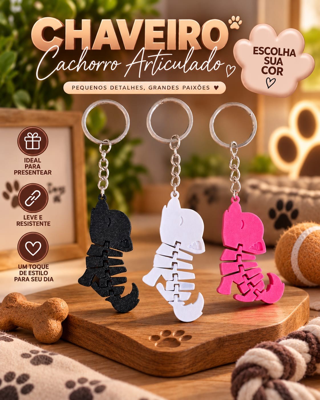 Chaveiro Gato Articulado em Impressão 3D Design Criativo para Mochila, Bolsas e Chaves