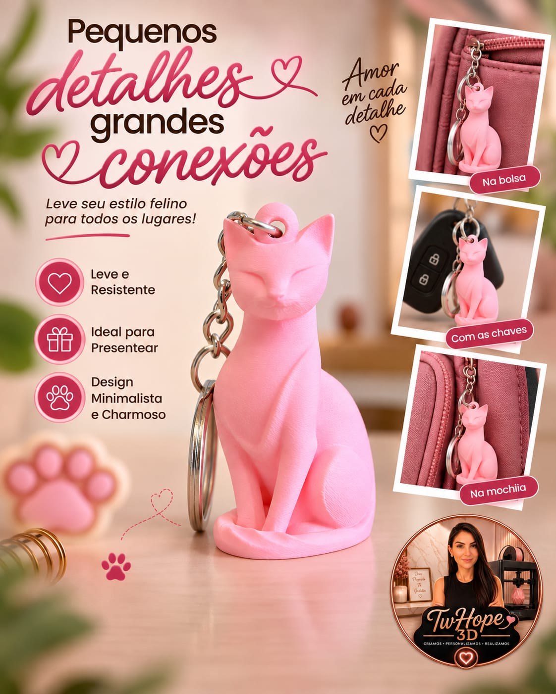 Chaveiro Gato Sentado Estilo Minimalista Design Moderno Impressão 3D para Bolsas e Chaves