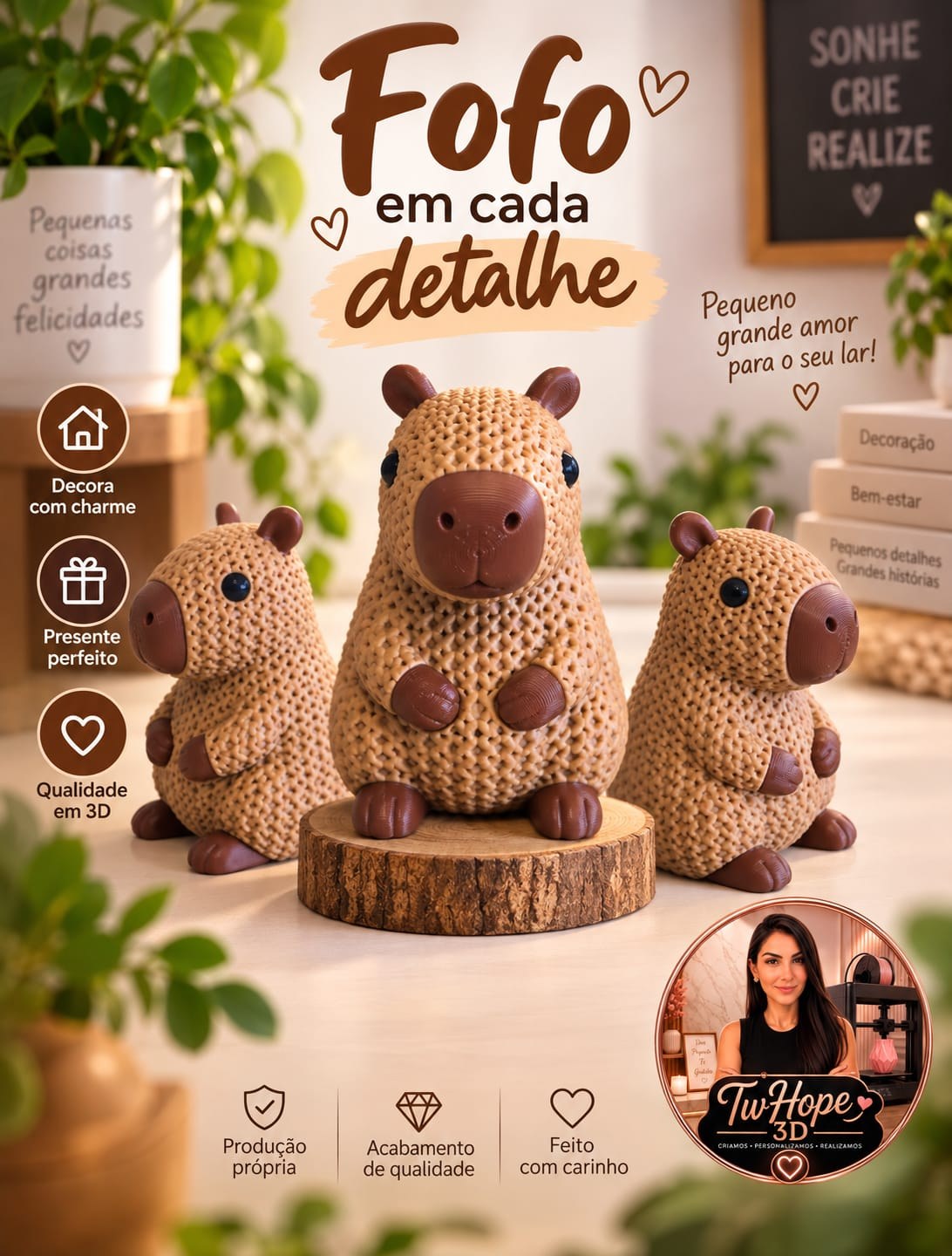 Capivara Decorativa com Textura Crochê Estatueta 3D Artesanal Charmosa para Sala