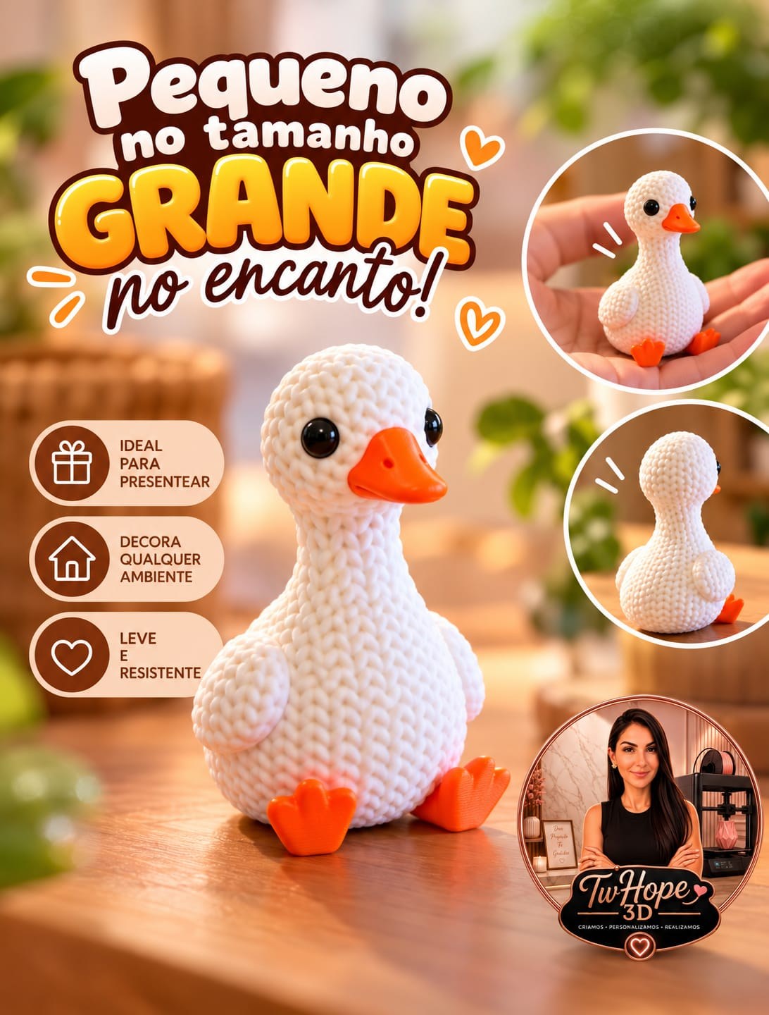 Escultura Decorativa Patinho Fofo Textura Tricô em Impressão 3D para Mesa e Estante
