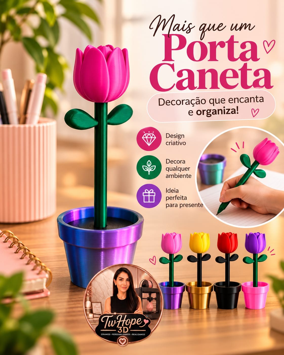 Caneta Flor Tulipa com Porta-Caneta Decorativo Design Criativo em Impressão 3D Elegante