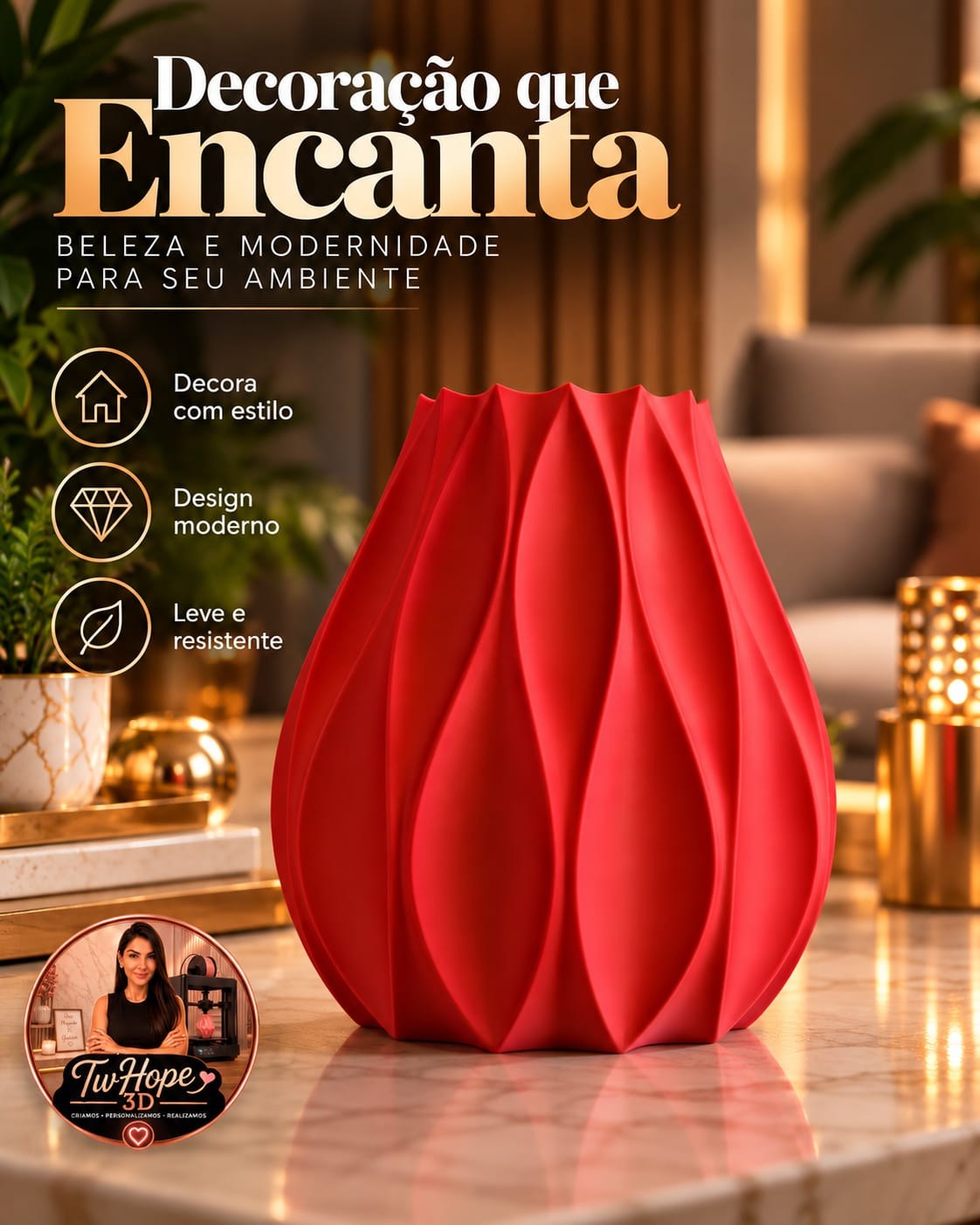 Vaso Decorativo Design Orgânico Ondulado Moderno em Impressão 3D para Sala