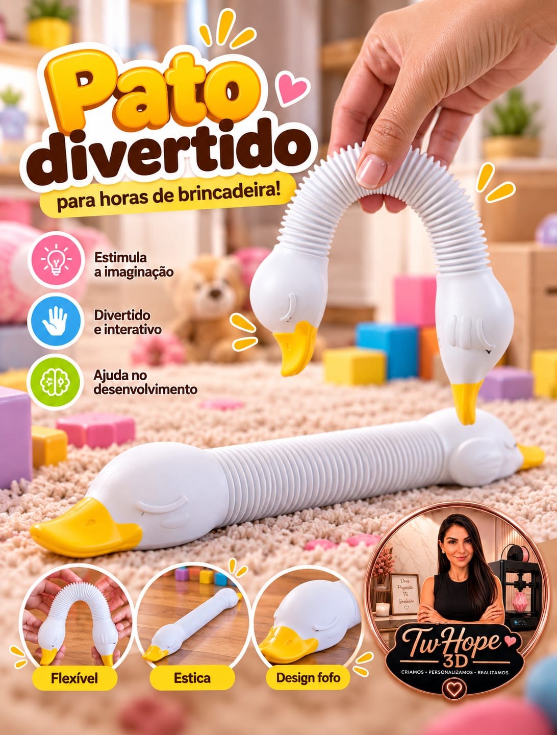 Brinquedo Pato Articulado Flexível em Impressão 3D Design Fofo Interativo Infantil