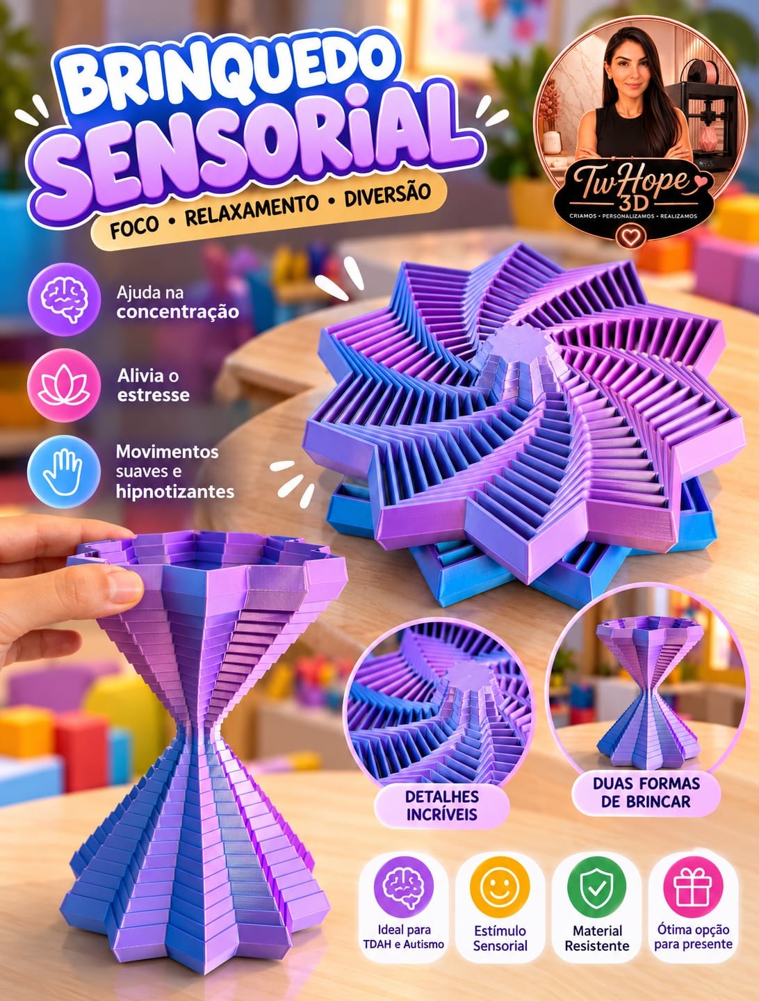 Brinquedo Sensorial 3D Transformável Estrela e Ampulheta com Movimento Relaxante