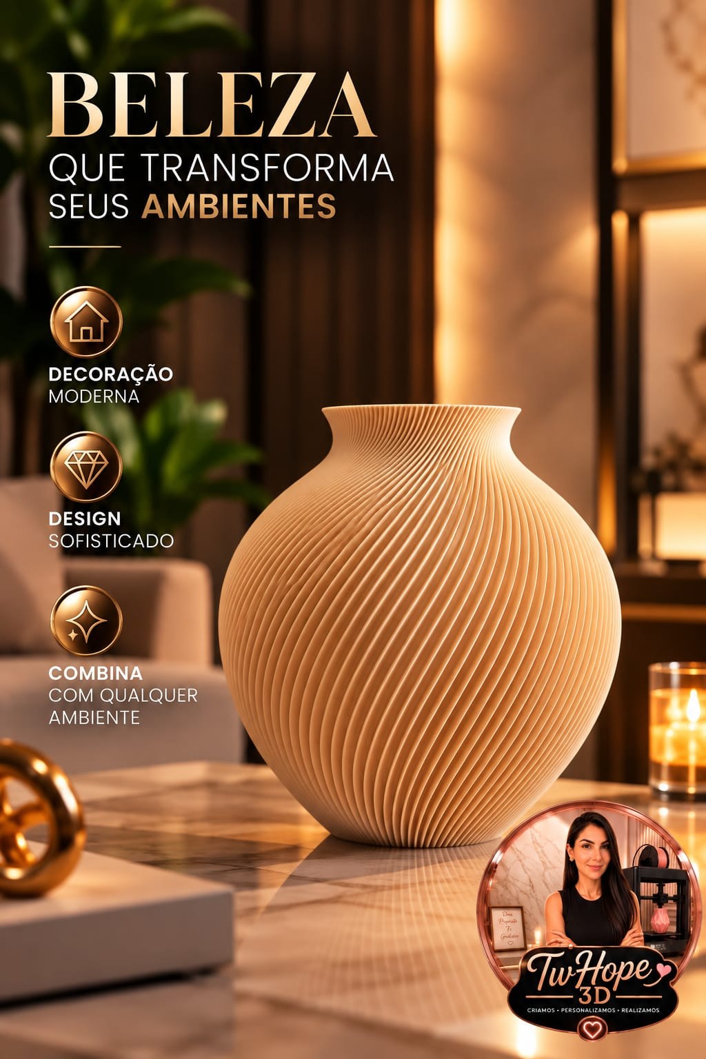 Vaso Decorativo Ondulado Design Escultural Moderno em Impressão 3D para Sala e Aparador