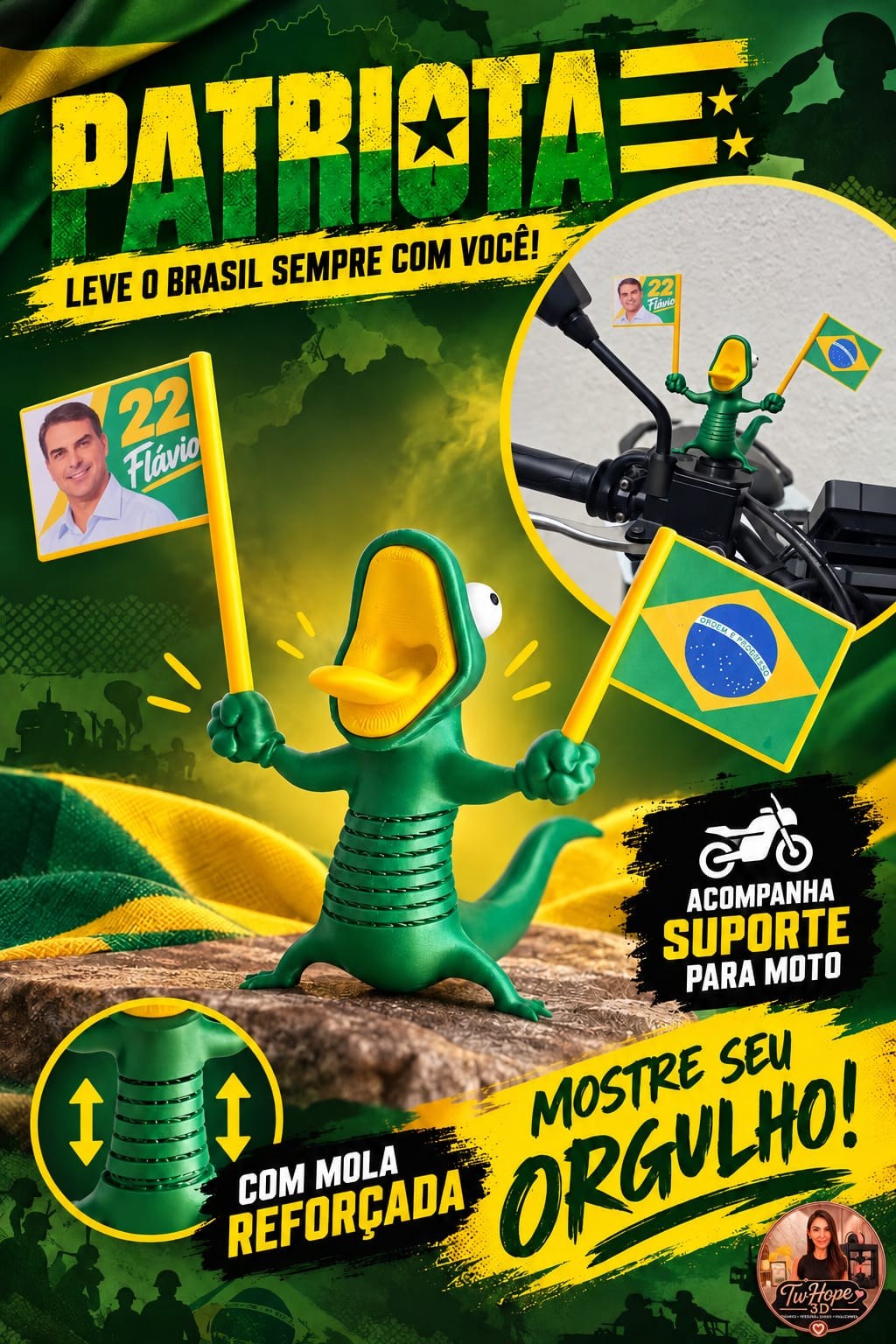 Lagarto Patriota 22 ou 13 com Bandeiras Brasil e Candidato, Suporte Moto, Impressão 3D