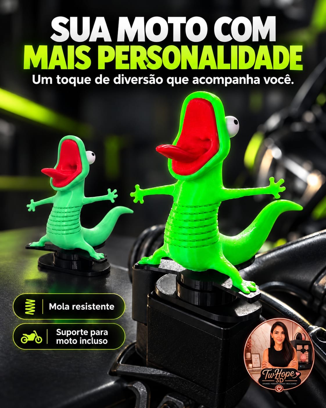 Enfeite Lagarto Divertido com Mola para Moto e Carro, Suporte Incluso, Decoração 3D