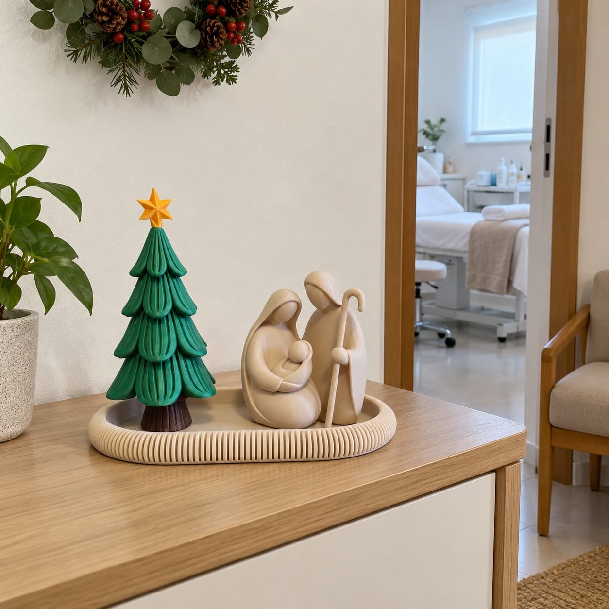 Presépio Natalino Moderno com Sagrada Família e Árvore Escultura Decorativa em 3D