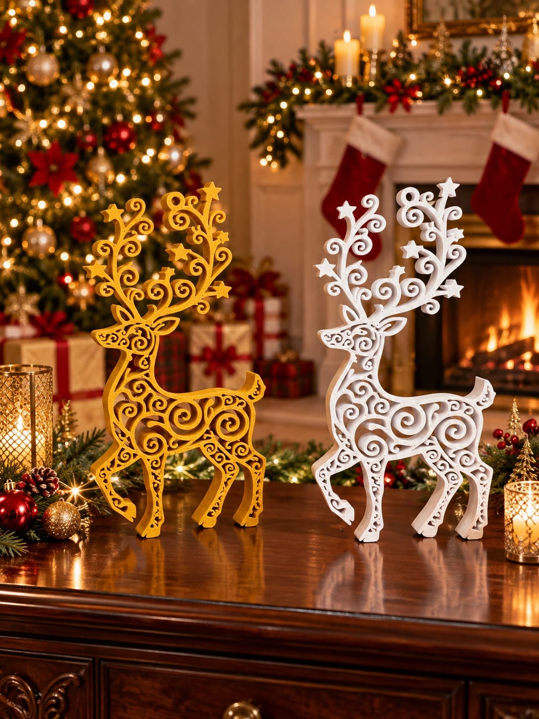 Rena Decorativa de Natal em Impressão 3D com Design Vazado Elegante para Mesa e Aparador