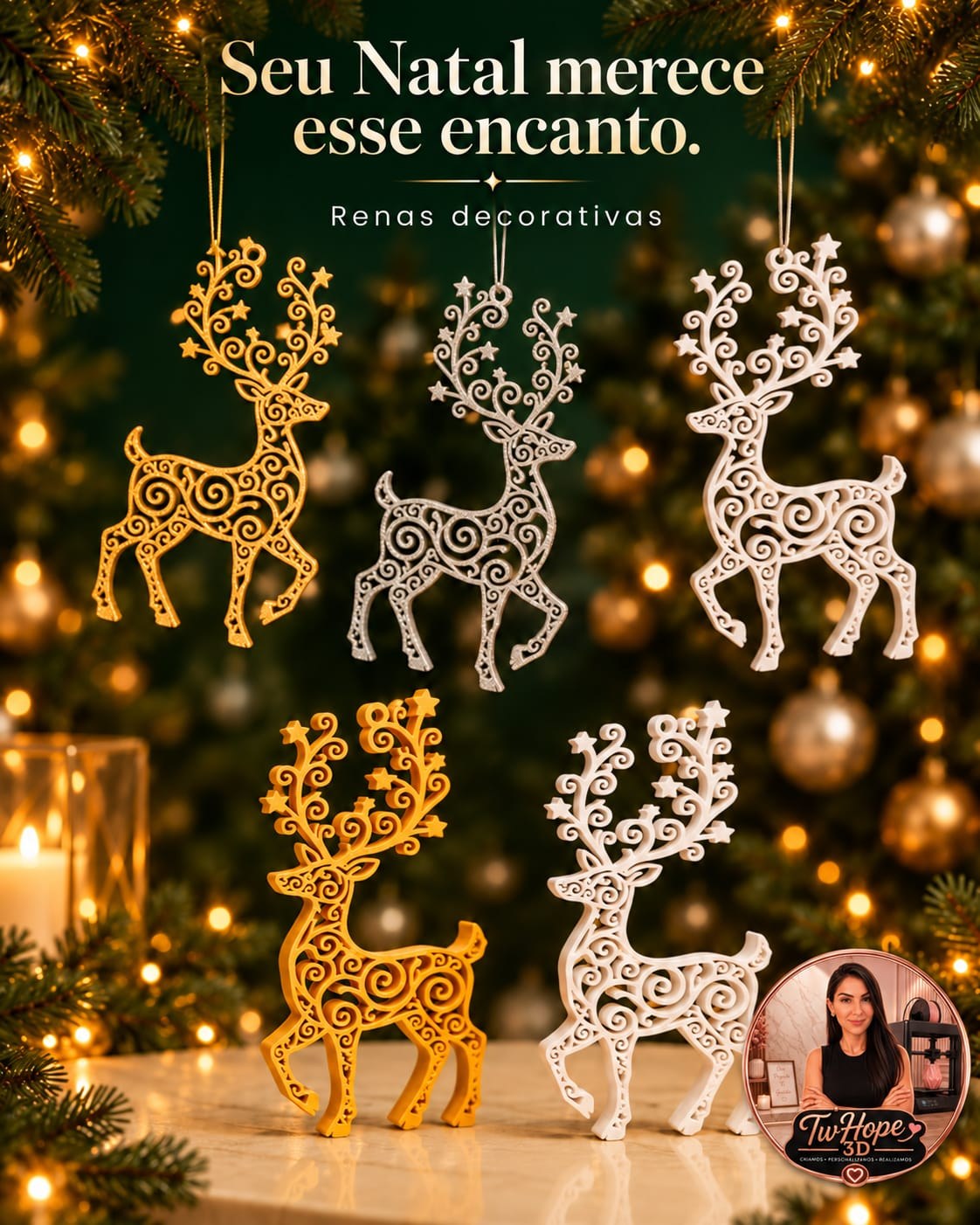Rena Decorativa de Natal em Impressão 3D com Design Vazado Elegante para Mesa e Aparador