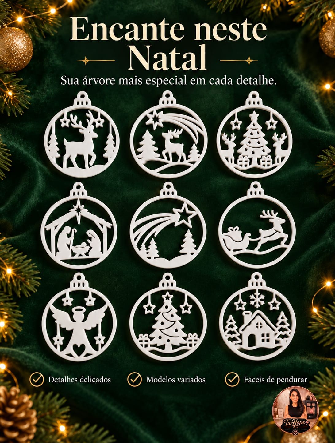 Kit com 9 Ornamentos de Natal Vazados para Árvore com Cenas Festivas em Impressão 3D