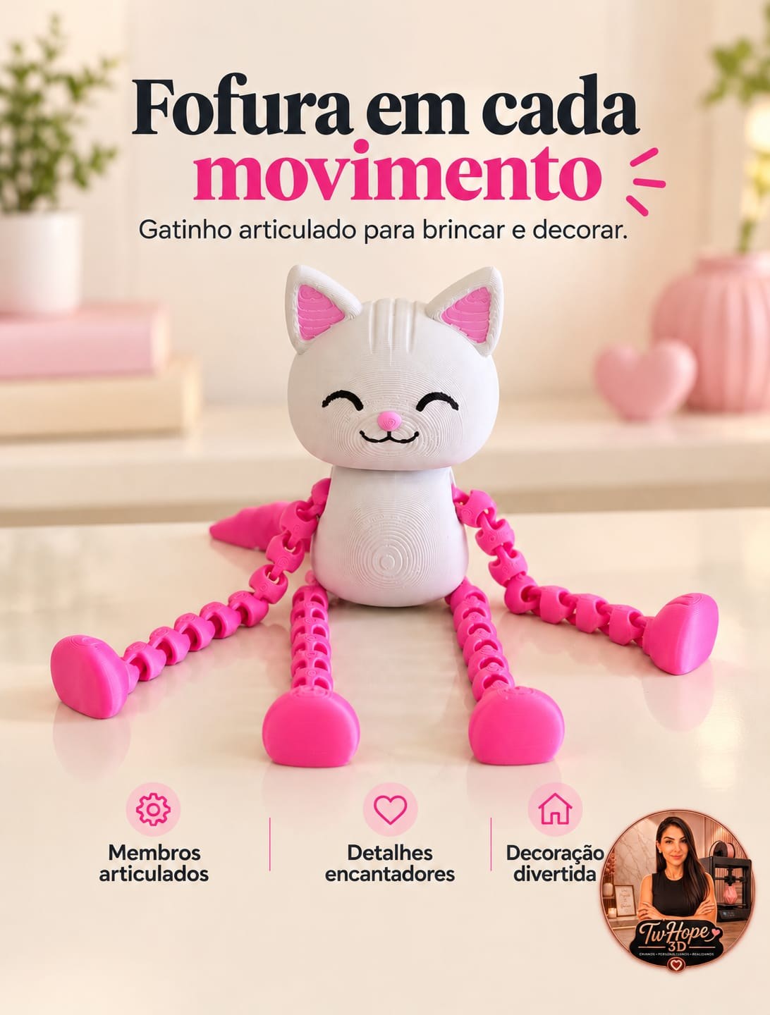 Gatinho Articulado em Impressão 3D com Design Fofinho para Brincar e Decorar Infantil