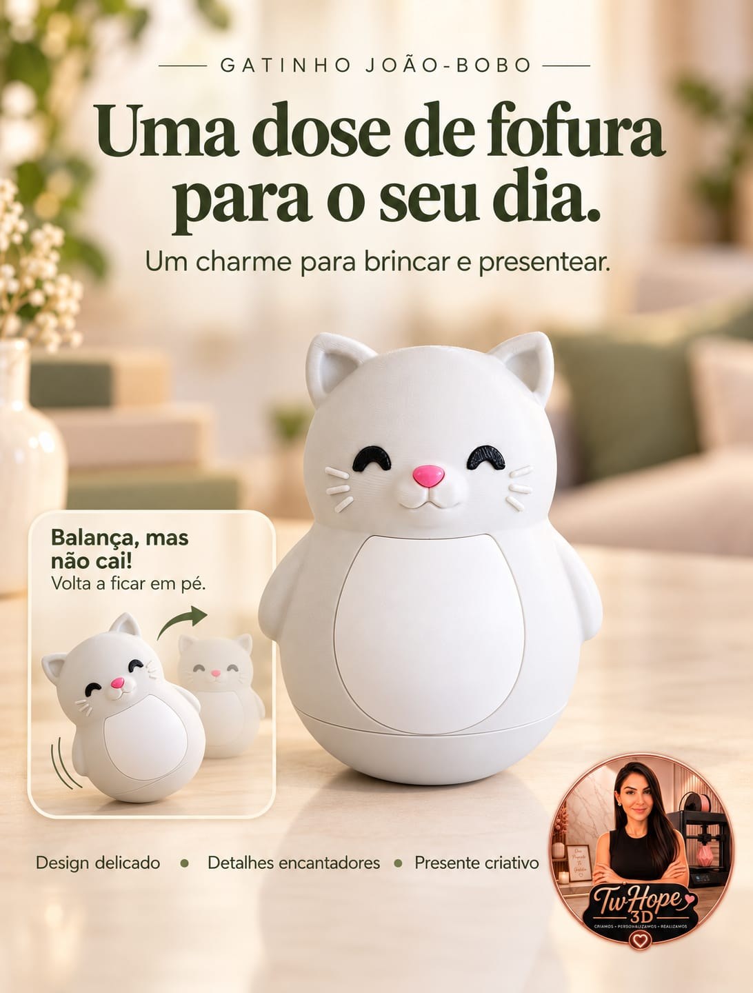 Gatinho João-Bobo Decorativo em Impressão 3D com Movimento de Balanço para Crianças