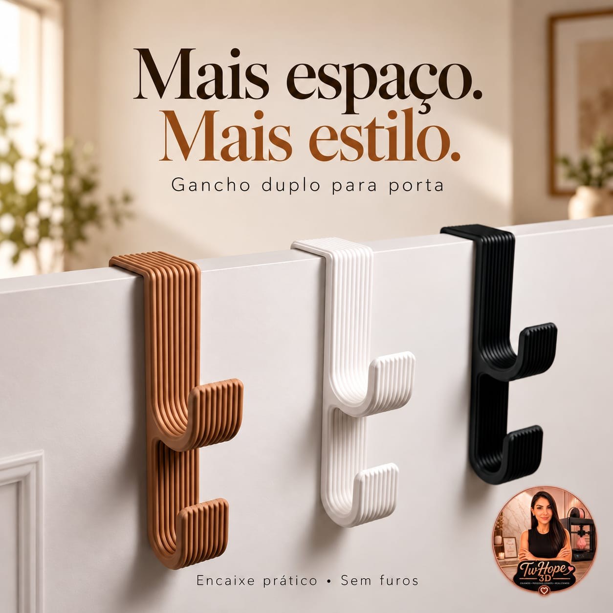 Kit com 2 Ganchos Duplos para Porta Sem Furos Design Canelado Moderno em Impressão 3D