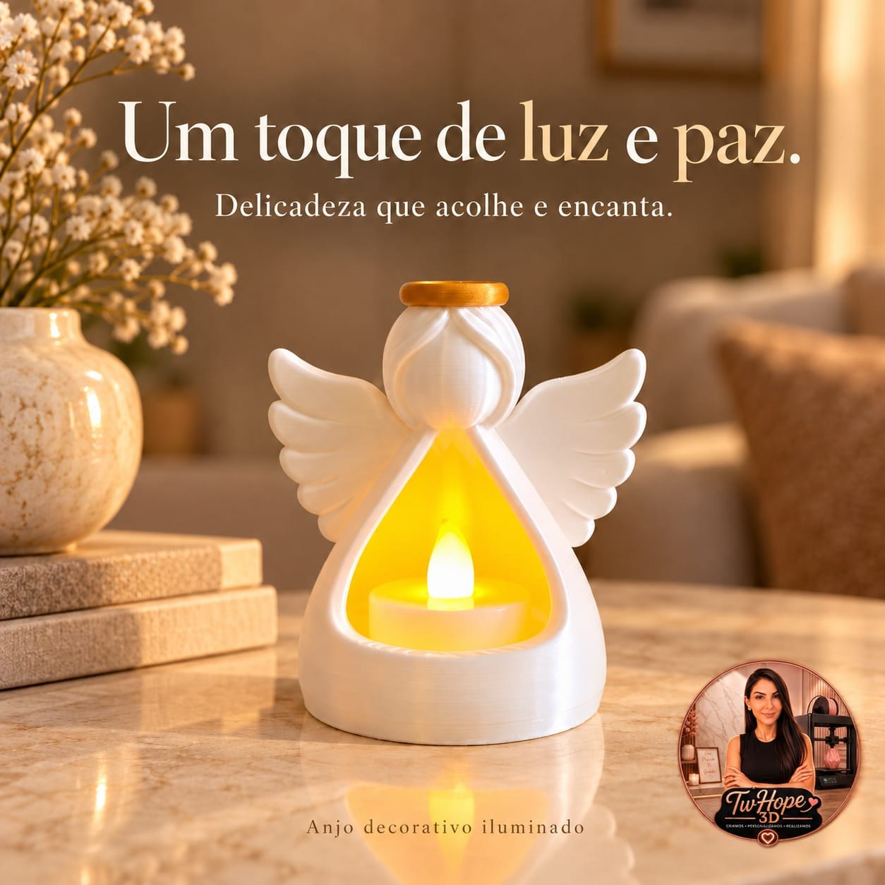 Porta Vela Anjo Decorativo Iluminado em Impressão 3D para Quarto Infantil e Mesa
